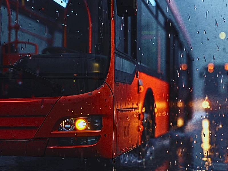 Red bus in the rain.