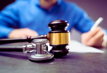 Man in blue shirt writing with wooden gavel and stethoscope on the table. What does a medical malpractice lawyer do