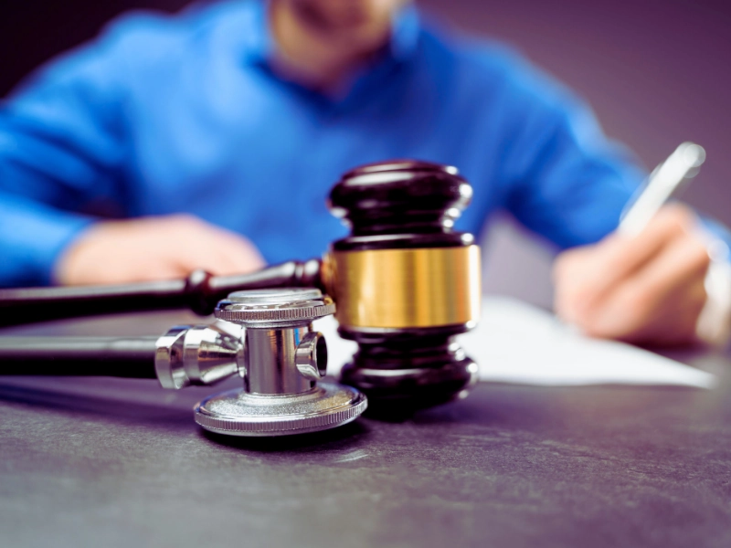 Man in blue shirt writing with wooden gavel and stethoscope on the table. What does a medical malpractice lawyer do