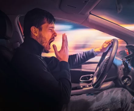 Young sleepy man is yawning and driving car at night. drowsy driving