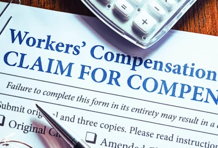 Workers' Compensation form with pen and glasses. retaliation for filing a workers' comp claim