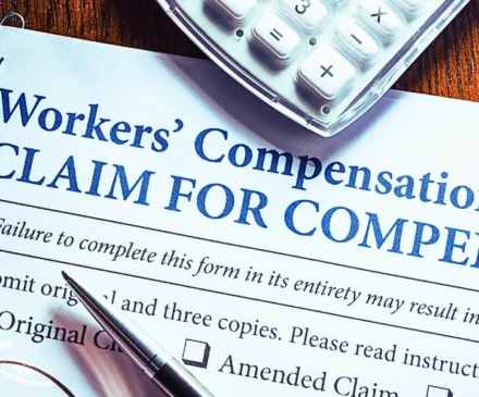 Workers' Compensation form with pen and glasses. retaliation for filing a workers' comp claim