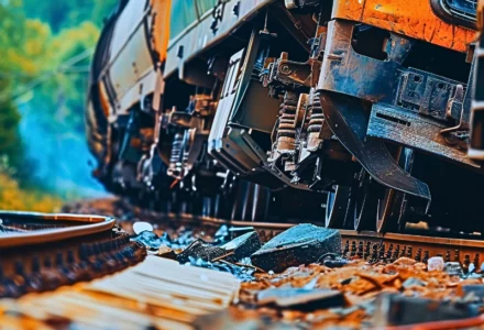 Low-angle shot of a train on tracks amidst lush greenery.
