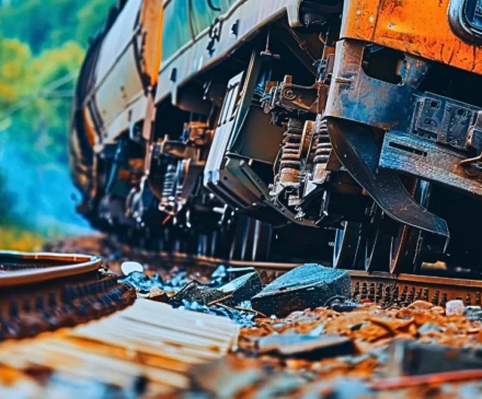 Low-angle shot of a train on tracks amidst lush greenery.