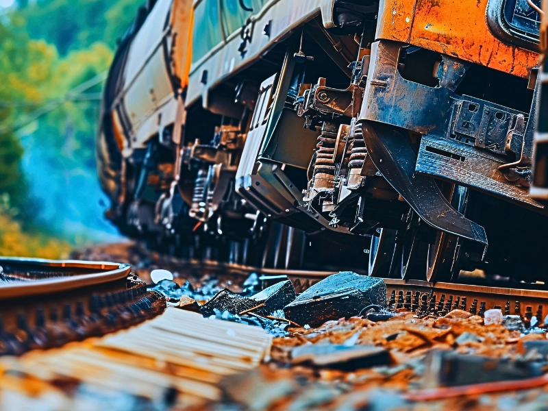 Low-angle shot of a train on tracks amidst lush greenery.