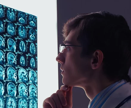 Doctor looking at the brain scans.
