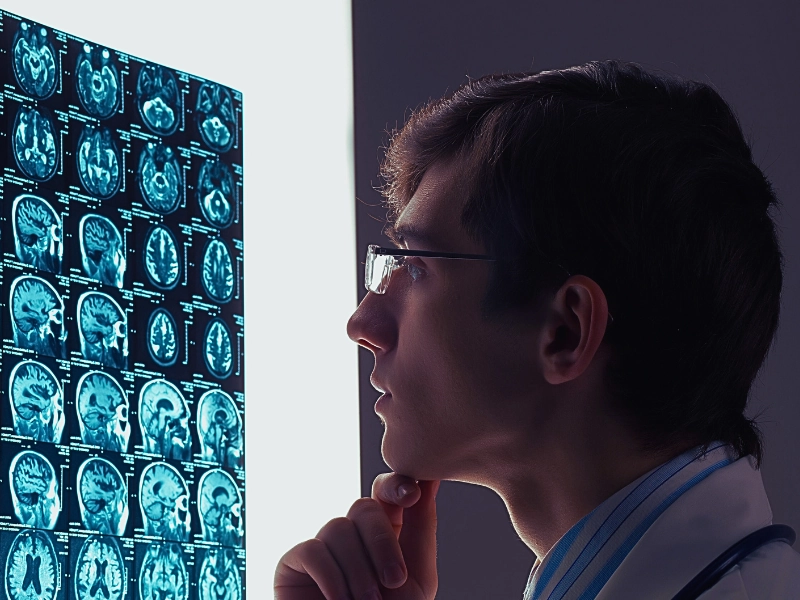 Doctor looking at the brain scans.