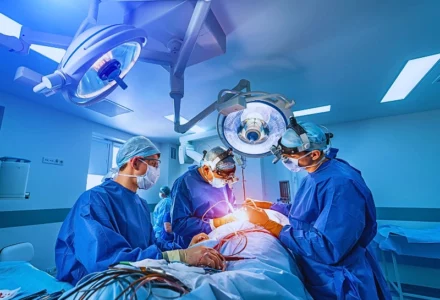 Neurourgeons are operating with medical robotic surgery machine.
