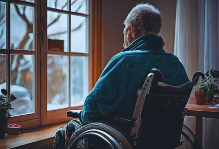 A lonely old man sits in a wheelchair and looks out the window. signs of elder neglect
