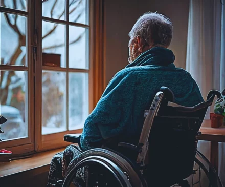 A lonely old man sits in a wheelchair and looks out the window. signs of elder neglect