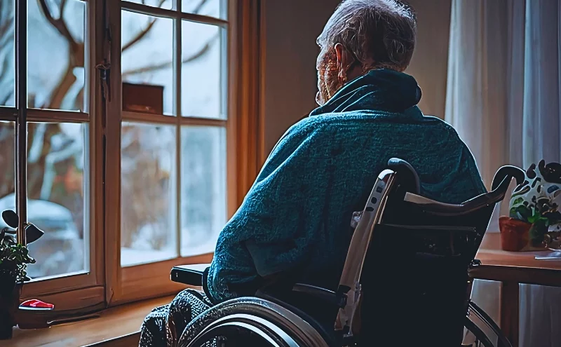 A lonely old man sits in a wheelchair and looks out the window. signs of elder neglect