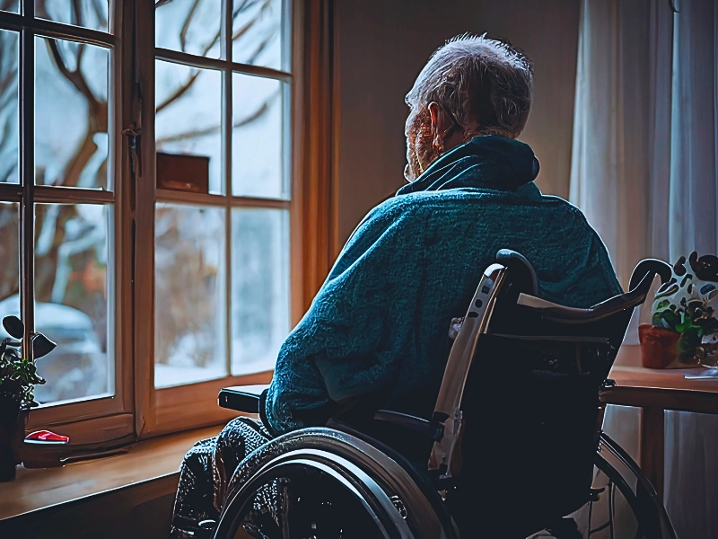 A lonely old man sits in a wheelchair and looks out the window. signs of elder neglect