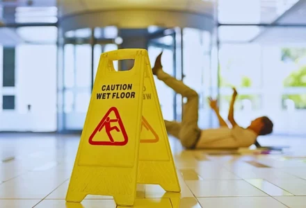 Businessman slipping on wet office floor. Slip and Fall Accidents at Naperville Shopping Centers