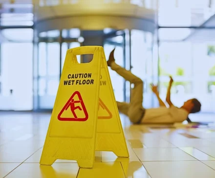 Businessman slipping on wet office floor. Slip and Fall Accidents at Naperville Shopping Centers