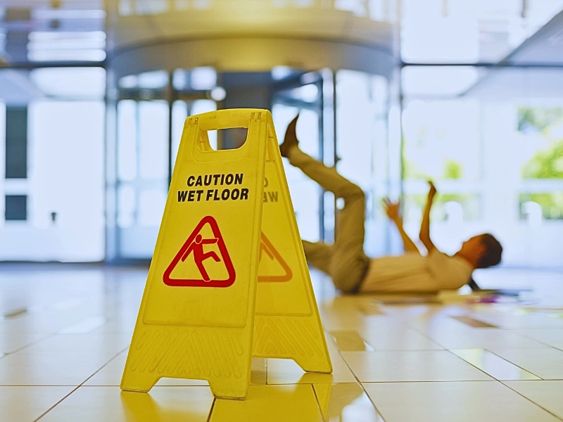 Businessman slipping on wet office floor. Slip and Fall Accidents at Naperville Shopping Centers