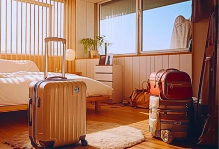 A cozy hotel room with a neatly made bed featuring white linens and pillows. In the foreground, there is a silver hard-shell suitcase standing upright on a rug, and to the right, two more bags are stacked near a window with a view outside. Apartment, Hotel & Parking Lot Assaults