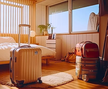 A cozy hotel room with a neatly made bed featuring white linens and pillows. In the foreground, there is a silver hard-shell suitcase standing upright on a rug, and to the right, two more bags are stacked near a window with a view outside. Apartment, Hotel & Parking Lot Assaults