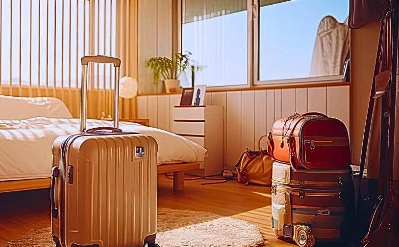 A cozy hotel room with a neatly made bed featuring white linens and pillows. In the foreground, there is a silver hard-shell suitcase standing upright on a rug, and to the right, two more bags are stacked near a window with a view outside. Apartment, Hotel & Parking Lot Assaults