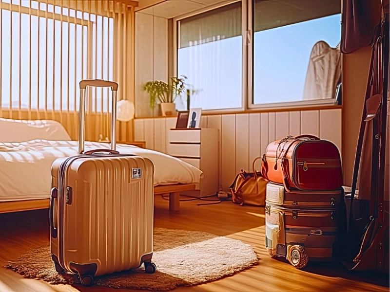 A cozy hotel room with a neatly made bed featuring white linens and pillows. In the foreground, there is a silver hard-shell suitcase standing upright on a rug, and to the right, two more bags are stacked near a window with a view outside. Apartment, Hotel & Parking Lot Assaults