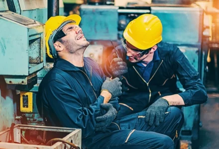 two workers in a factory setting wearing yellow safety helmets and dark work uniforms. Construction Zone Accidents