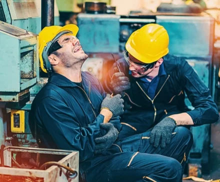 two workers in a factory setting wearing yellow safety helmets and dark work uniforms. Construction Zone Accidents