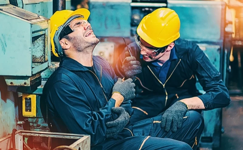Construction Zone Accidents in Illinois: When IDOT or Contractors Can Be Held Liable 1 two workers in a factory setting wearing yellow safety helmets and dark work uniforms. Construction Zone Accidents