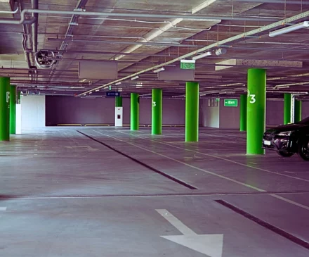 an underground parking garage with overhead lights and exit signs hanging from the ceiling. Hit by a Car in a Naperville Parking Lot