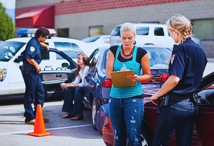 a scene involving a traffic accident with police officers and individuals present. One officer is speaking with a woman sitting on the curb near a police car, while another officer is interacting with a woman standing and holding a clipboard next to a red car. Get Your Naperville Police Crash Report