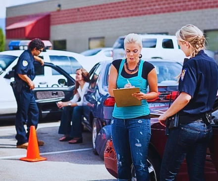 a scene involving a traffic accident with police officers and individuals present. One officer is speaking with a woman sitting on the curb near a police car, while another officer is interacting with a woman standing and holding a clipboard next to a red car. Get Your Naperville Police Crash Report