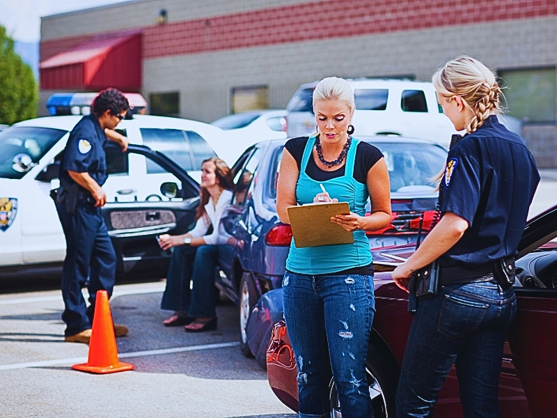 a scene involving a traffic accident with police officers and individuals present. One officer is speaking with a woman sitting on the curb near a police car, while another officer is interacting with a woman standing and holding a clipboard next to a red car. Get Your Naperville Police Crash Report