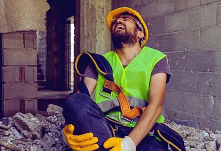 a construction worker wearing a yellow hard hat, a neon green safety vest, and yellow gloves. Workplace Injury Involves a Subcontractor