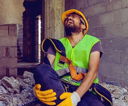 a construction worker wearing a yellow hard hat, a neon green safety vest, and yellow gloves. Workplace Injury Involves a Subcontractor