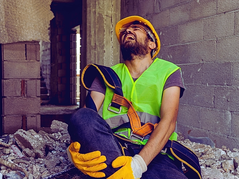 a construction worker wearing a yellow hard hat, a neon green safety vest, and yellow gloves. Workplace Injury Involves a Subcontractor