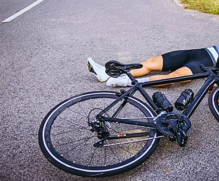 cyclist lying on the road next to a fallen bicycle, indicating a serious hit-and-run accident.