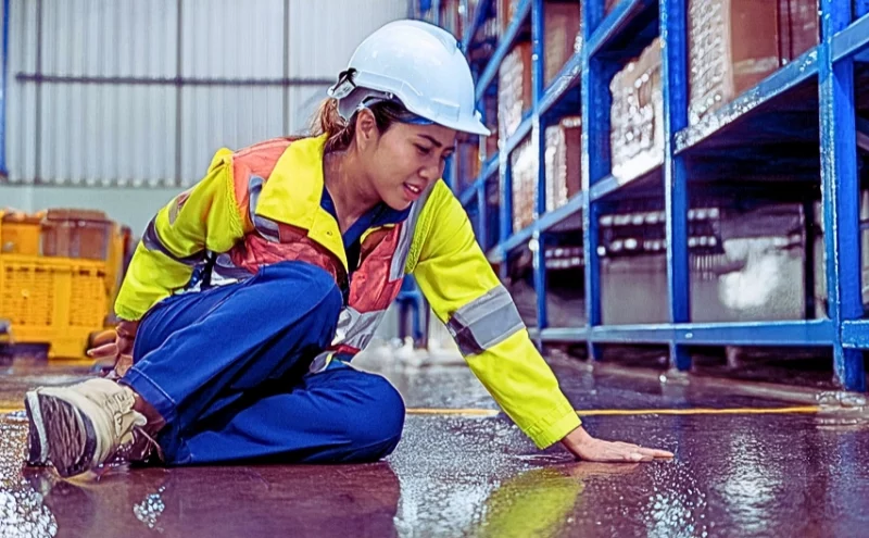 A worker wearing a safety helmet, high-visibility jacket, and work boots, sitting on the floor of a warehouse or industrial setting. Wet Floor with No Warning Sign