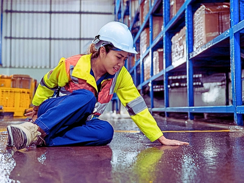 A worker wearing a safety helmet, high-visibility jacket, and work boots, sitting on the floor of a warehouse or industrial setting. Wet Floor with No Warning Sign