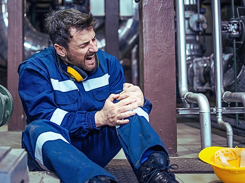 A person wearing a blue work uniform with reflective stripes, sitting on the floor in an industrial setting. Challenge an IME Report