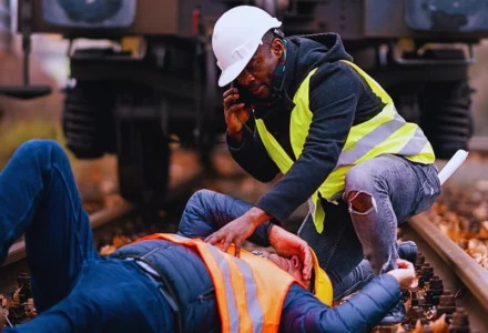 A person wearing a yellow safety vest and a white hard hat attending to another person lying on railroad tracks.