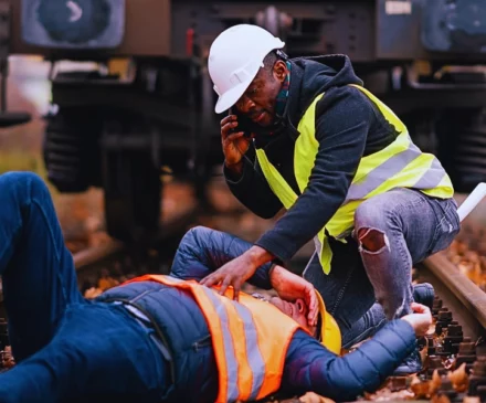 A person wearing a yellow safety vest and a white hard hat attending to another person lying on railroad tracks.