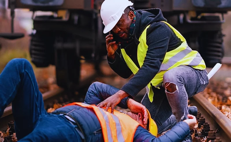 Fatal Accidents on the Tracks: Who Is Liable When a Railroad Contractor Is Killed? 1 A person wearing a yellow safety vest and a white hard hat attending to another person lying on railroad tracks.