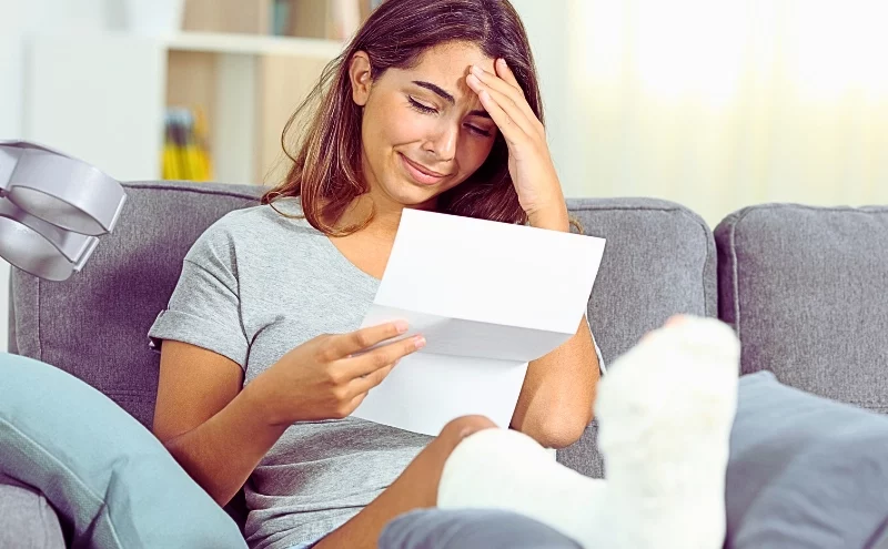Woman with leg cast reading a medical bill. employer has no light-duty job available