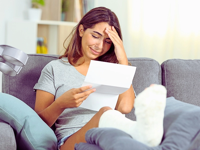 Woman with leg cast reading a medical bill. employer has no light-duty job available