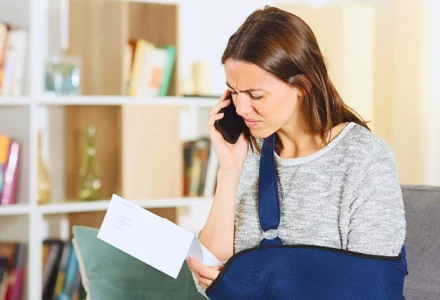 Woman with arm in sling looking worried on phone. Other Driver’s Insurance Company Calls