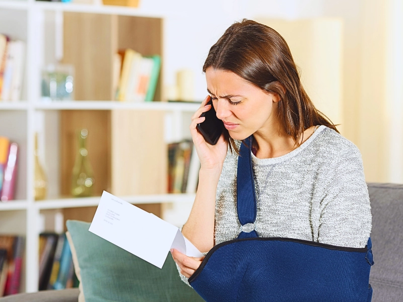 Woman with arm in sling looking worried on phone. Other Driver’s Insurance Company Calls