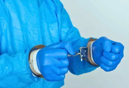 A nurse wearing blue PPE with handcuff on his hands.