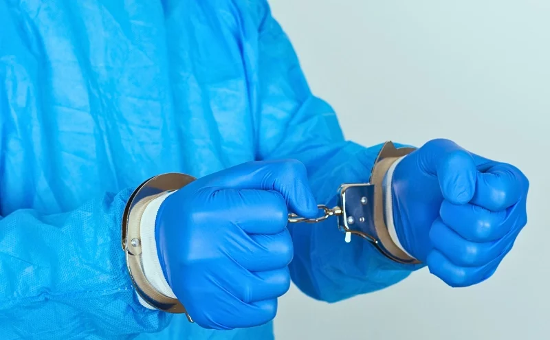 A nurse wearing blue PPE with handcuff on his hands.