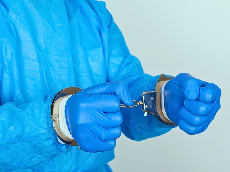 A nurse wearing blue PPE with handcuff on his hands.