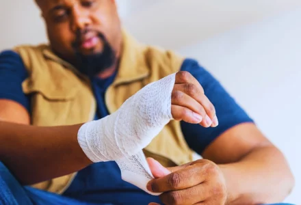 Man wrapping a white gauze bandage around his hand. If You Don’t Report a Work Injury Right Away