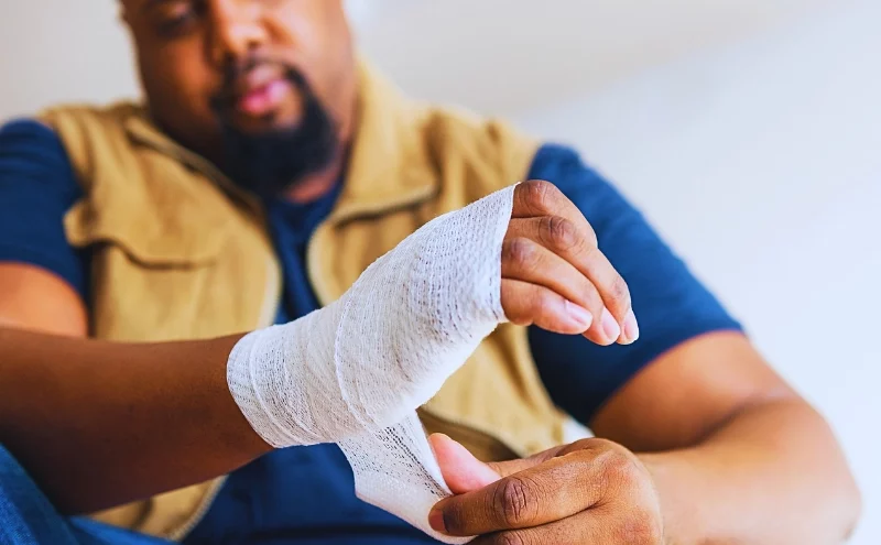 Man wrapping a white gauze bandage around his hand. If You Don’t Report a Work Injury Right Away