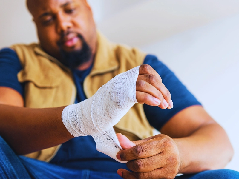Man wrapping a white gauze bandage around his hand. If You Don’t Report a Work Injury Right Away